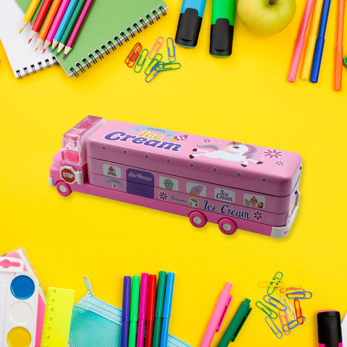 Double Decker Magic Ice Cream Truck Compass Multi Level Metal Truck Compass Pencil Case With Movable Wheels Sharpener