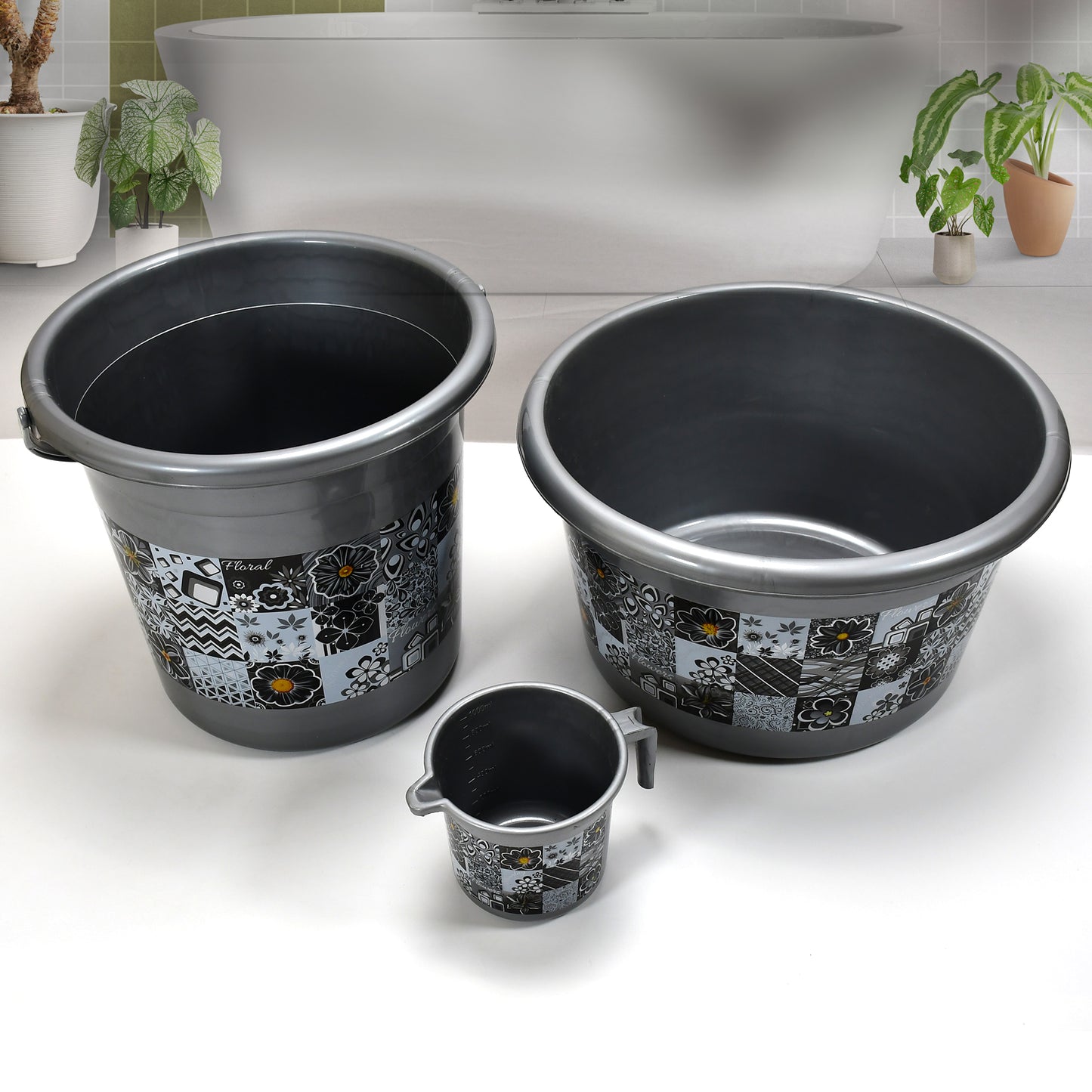 Large Capacity Plastic Bathroom Set Of 7 pieces (1pc Big Tub 1pc Bucket 1pc Dustbin 1pc Mug 1pc Soap Case 1pc Dustpan 1pc Stool)