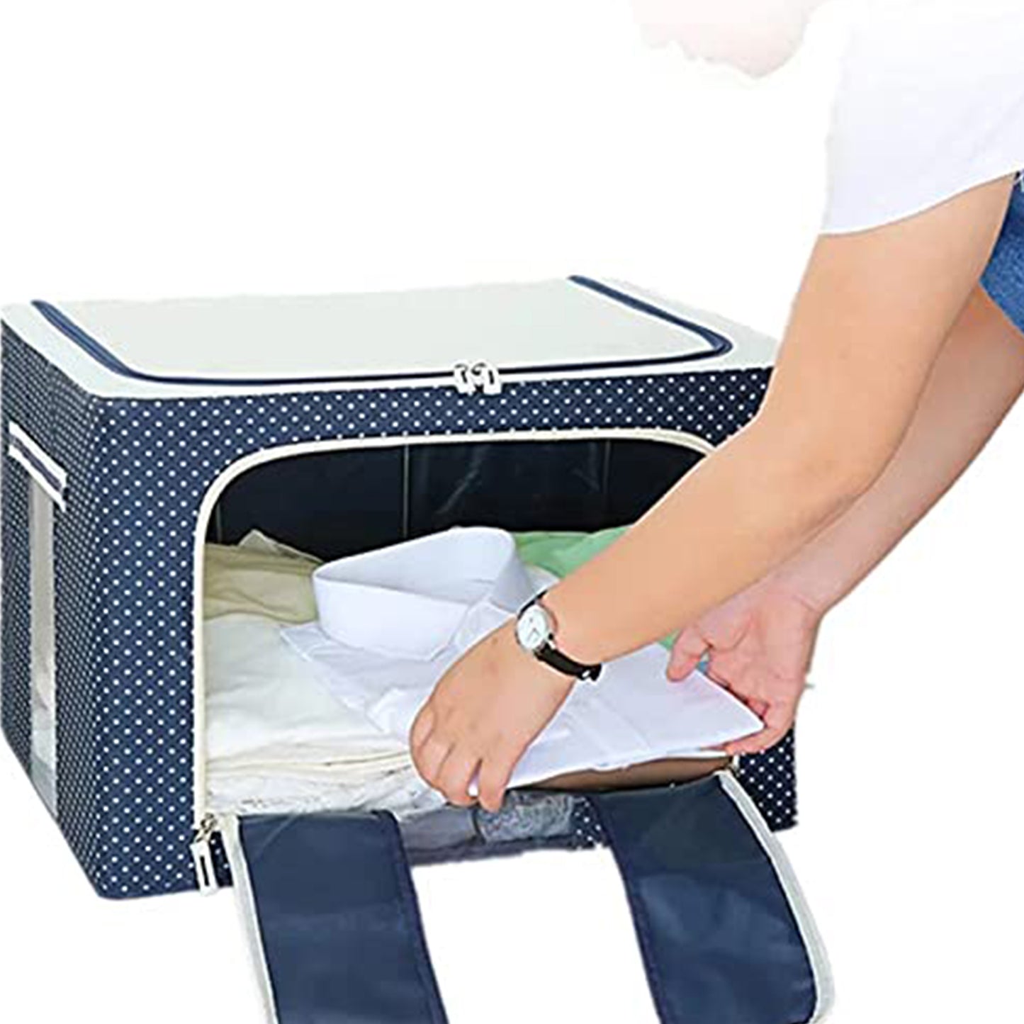 Foldable Steel Frame Clothes Living Storage Organizer Handled Bag Box For Large Size Bedding Blankets Women Saree Toys Cloth Storage Box Bag (66 Liter)