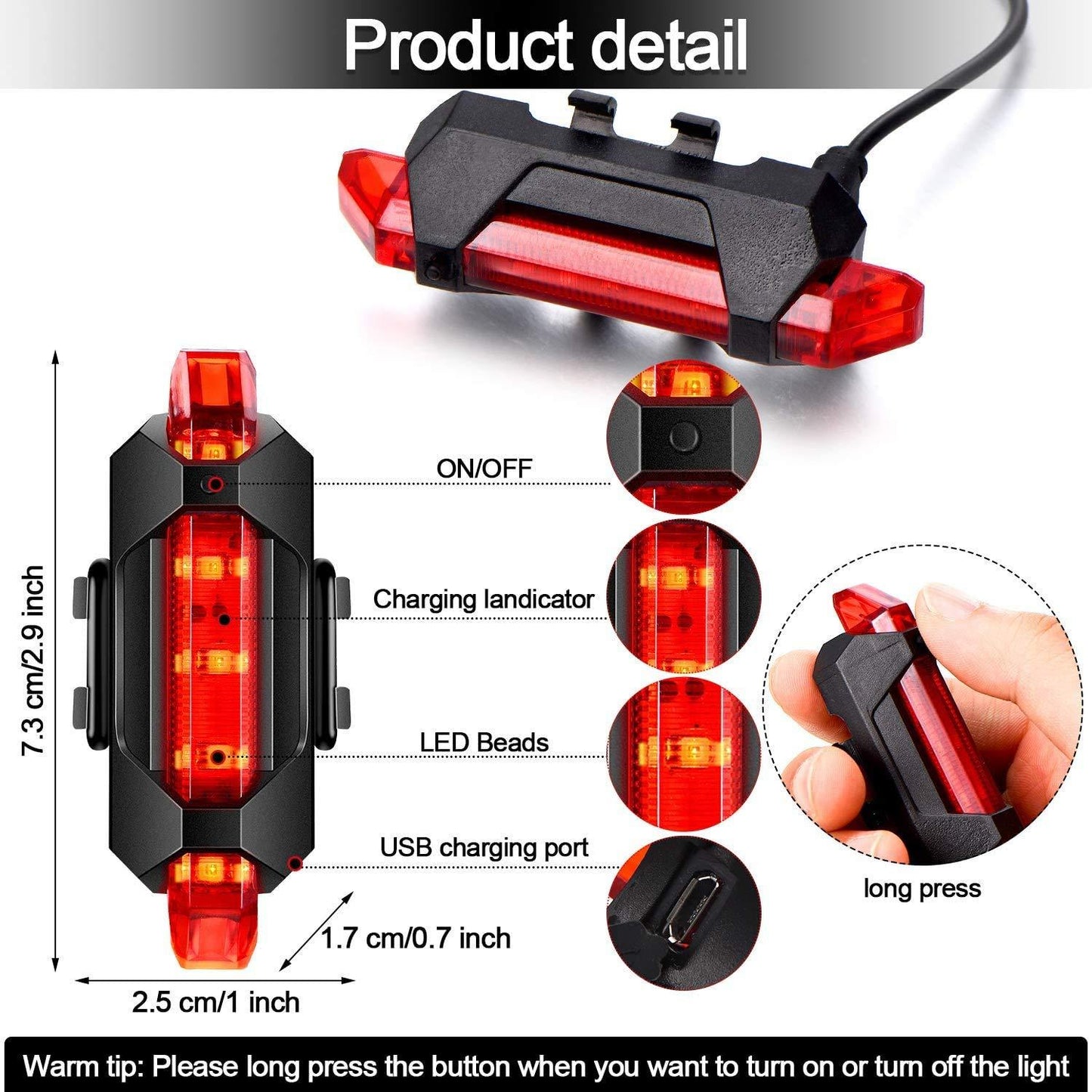 Rechargeable Bicycle Front Waterproof Led Light (Red)