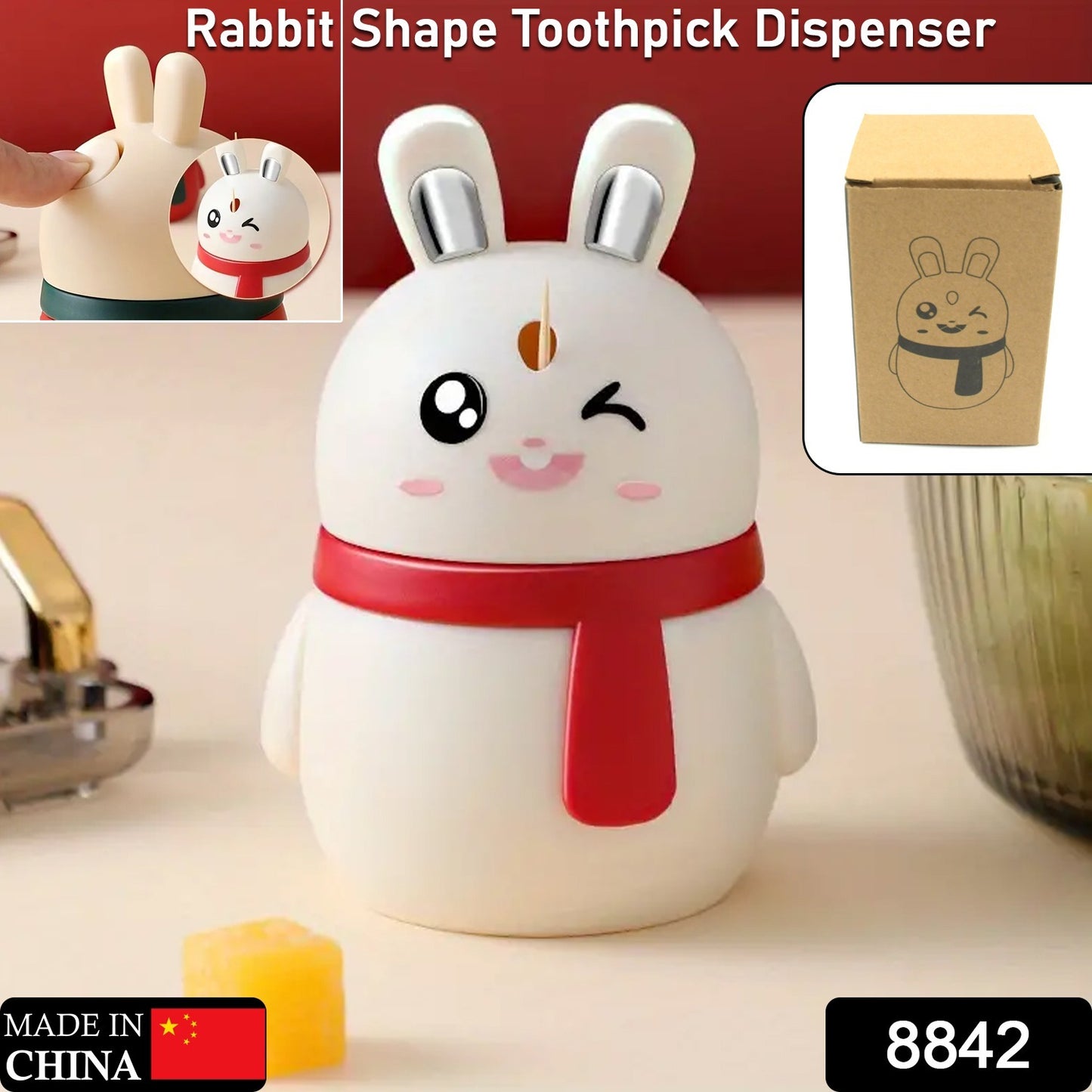 Rabbit Shape Toothpick Dispenser Pressing Small Size Accessory Durable Red Home Garden Kitchen Dining Bar Kitchen Storage Organization Racks Holders Dining Room Table Decoration (1 Pc )