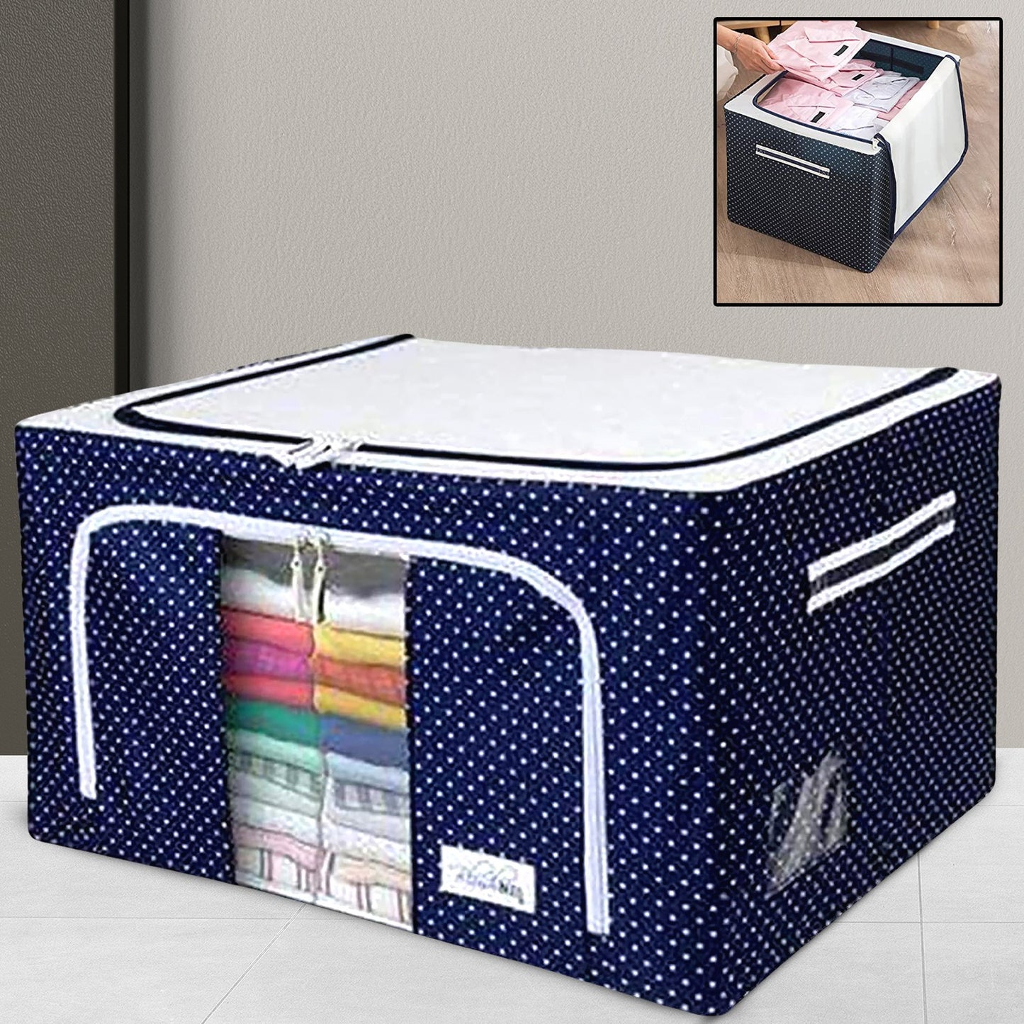 Foldable Steel Frame Clothes Living Storage Organizer Handled Bag Box For Large Size Bedding Blankets Women Saree Toys Cloth Storage Box Bag (66 Liter)