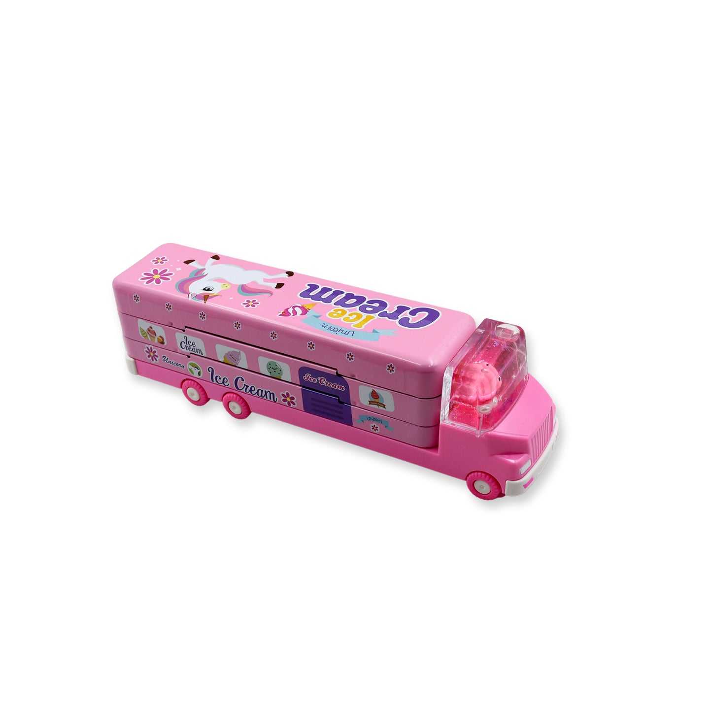 Double Decker Magic Ice Cream Truck Compass Multi Level Metal Truck Compass Pencil Case With Movable Wheels Sharpener