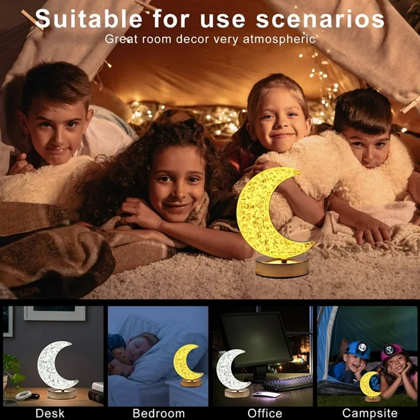 Crystal Table Lamp Moon Shape Touch Control Lamp With 3 Color Metal Bedside Lamp For Kids Bedroom Romantic Desktop Nightstand Stepless Dimming Usb Charging Touch Night Light