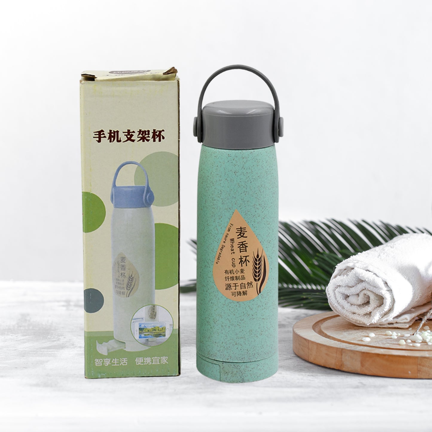 High Portable Water Bottle Creative Wheat Fragrance Glass Bottle Water With Mobile Phone Holder Wide Mouth Glass Water 380ml (Moq - 80 Pc)