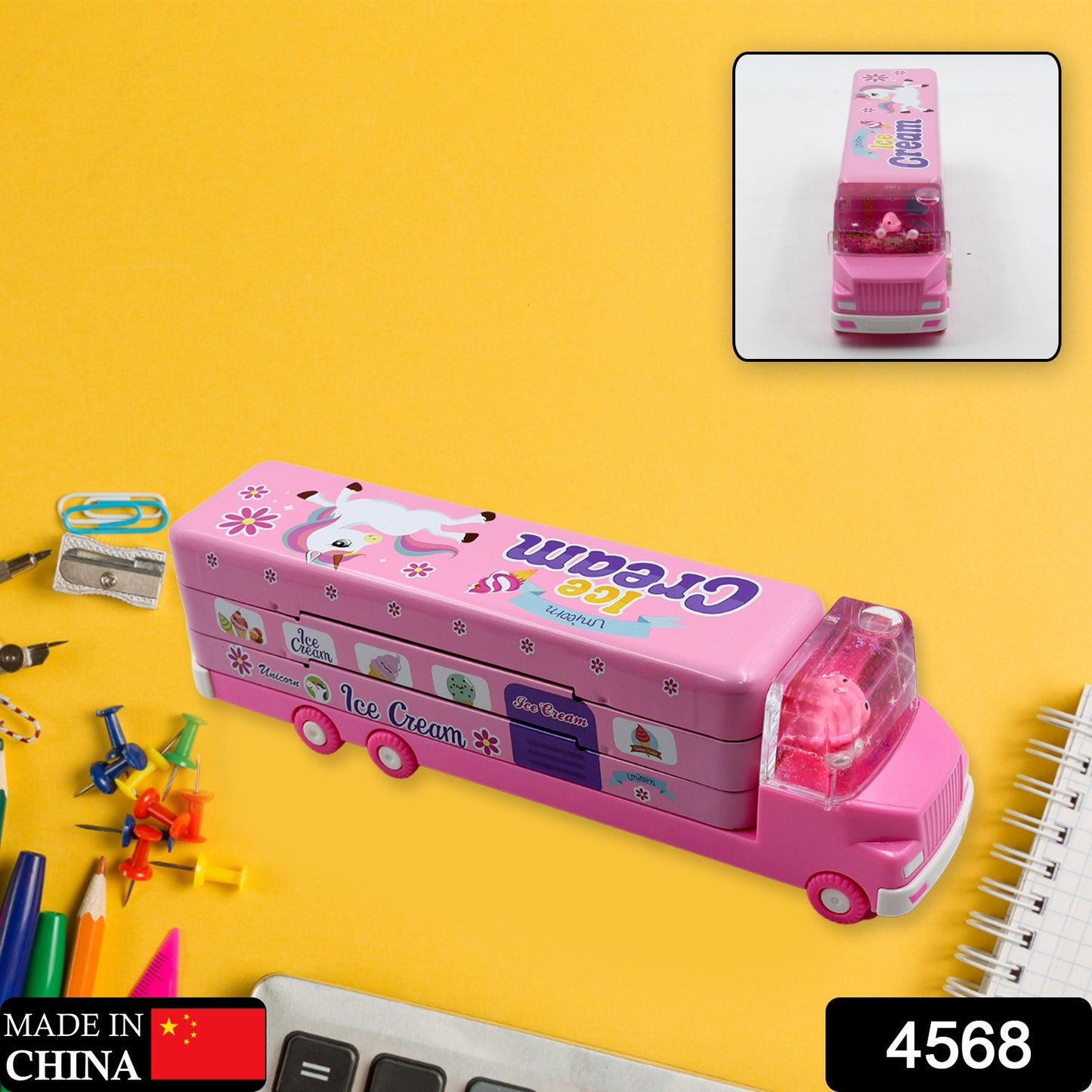 Double Decker Magic Ice Cream Truck Compass Multi Level Metal Truck Compass Pencil Case With Movable Wheels Sharpener