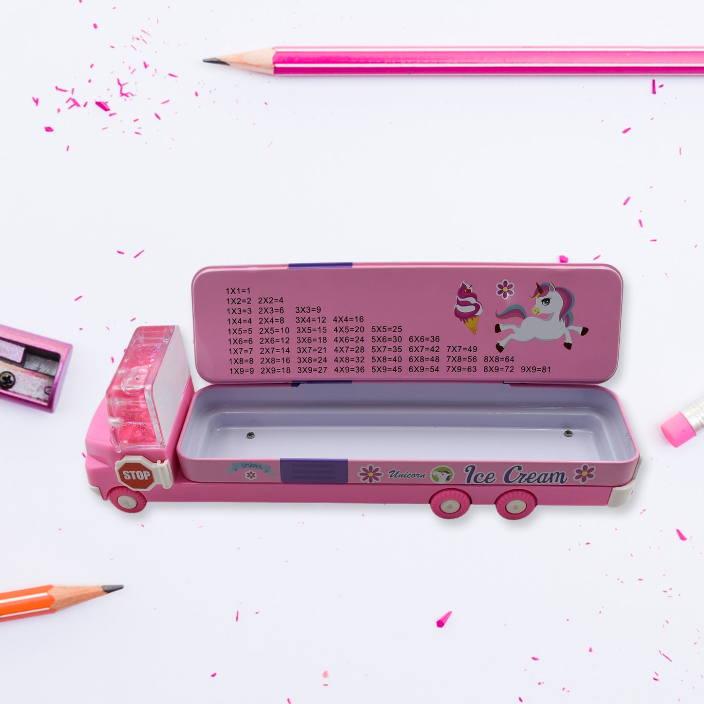 Double Decker Magic Ice Cream Truck Compass Multi Level Metal Truck Compass Pencil Case With Movable Wheels Sharpener