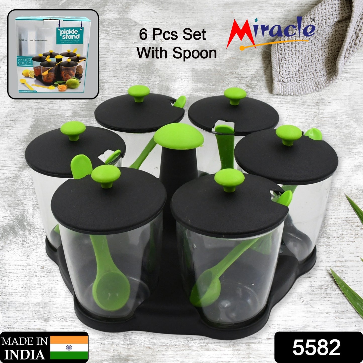 Multipurpose 6 Piece Miracle Revolving Plastic Spice Container Rack With 6 Spoon Condiment Set Masala Rack Set Revolving Spice Rack Aachar Container Chutney Mukhwas Tray Masala Dining Spice Stand