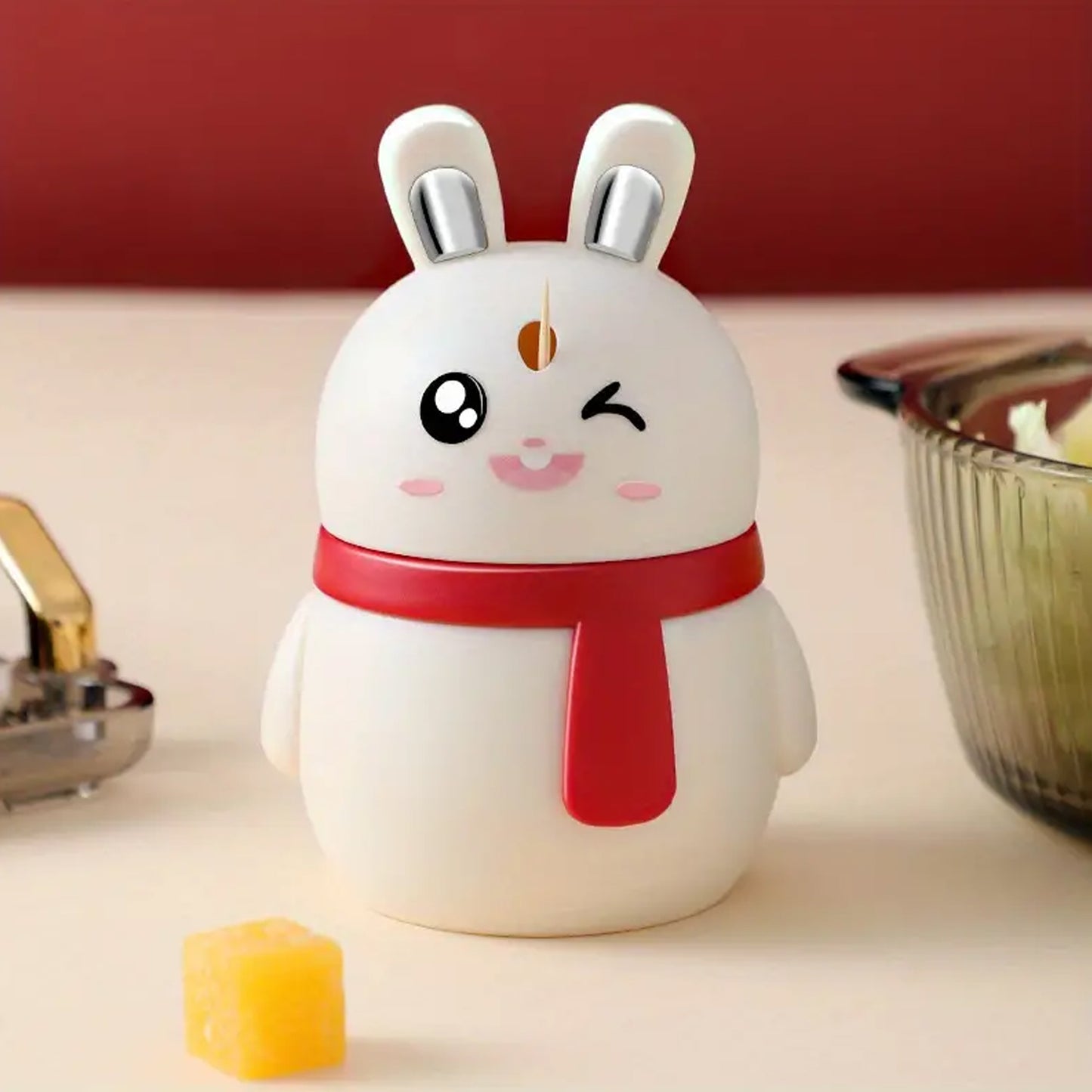Rabbit Shape Toothpick Dispenser Pressing Small Size Accessory Durable Red Home Garden Kitchen Dining Bar Kitchen Storage Organization Racks Holders Dining Room Table Decoration (1 Pc )