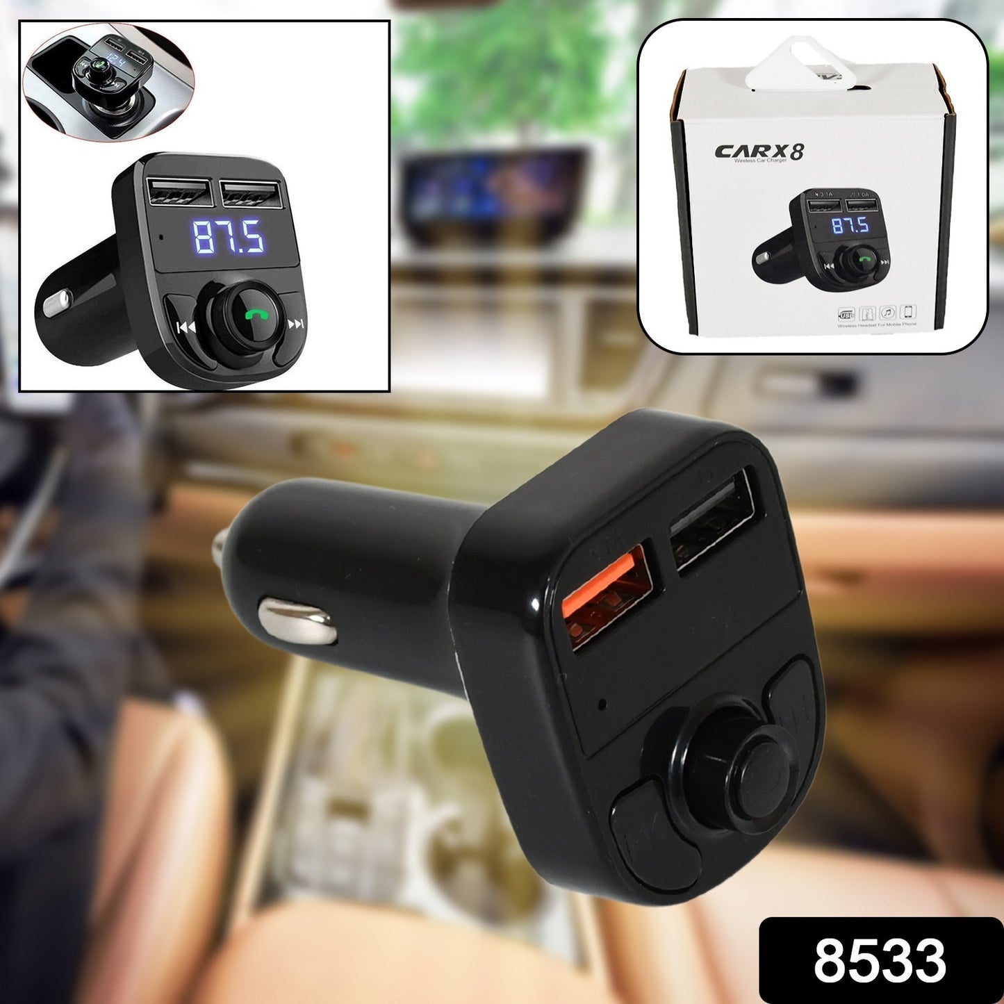 Car-x8 Bluetooth Fm Transmitter Kit For Hands-free Call Receiver Music Player Call Receiver Fast Mobile Charger Ports For All Smartphoneswith 3.1a Quick Charge Dual Usb Car Charger
