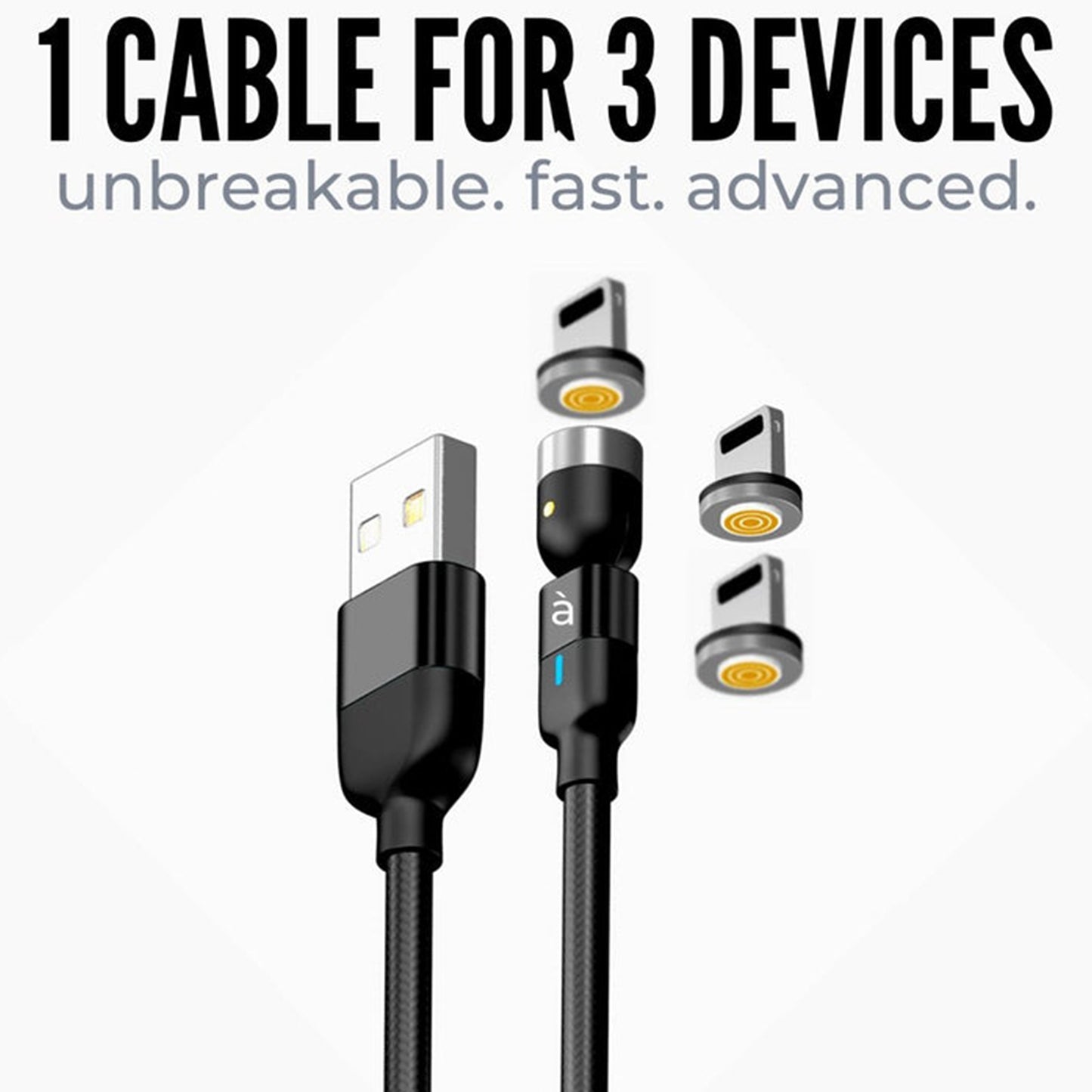 3 In 1 Magnetic Usb Charging Cable Usb-c Android And Lightning With Extra Protecting Nylon Strong Magnetic Cable With Full Rotation Support Fast Charging
