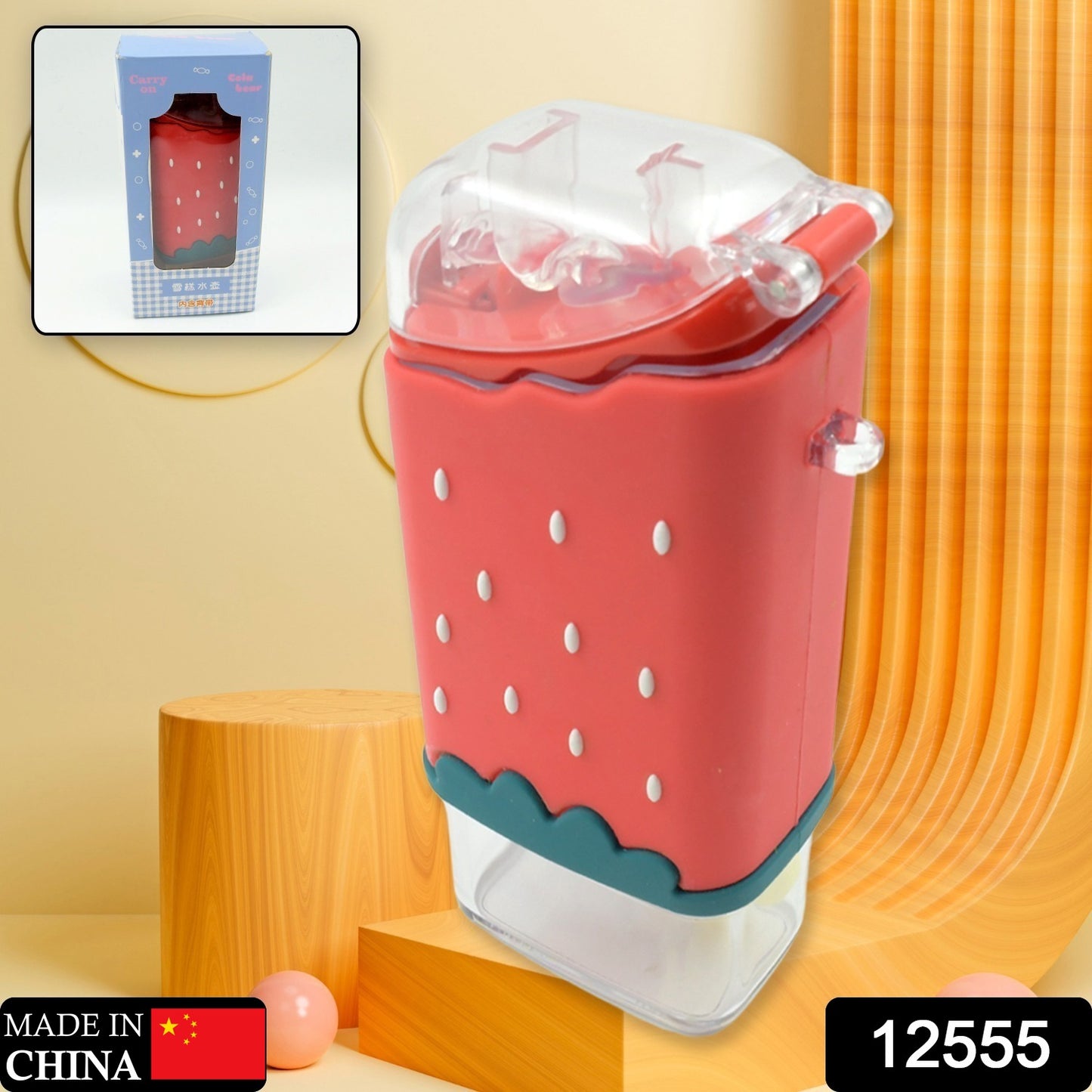 Portable Cute Water Bottle For Kids Unique Ice Cream Shape Water Cup Popsicle Shaped Plastic Kettle With Straw Adjustable Shoulder Strap Bpa Free Leakproof (300 Ml)
