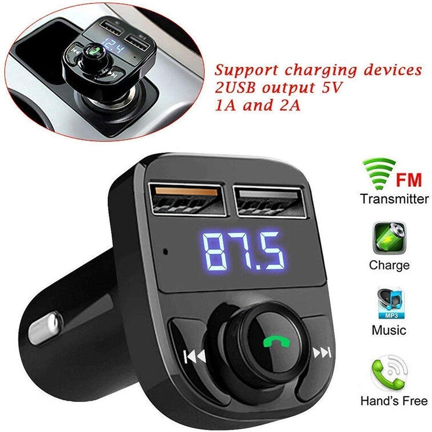 Car-x8 Bluetooth Fm Transmitter Kit For Hands-free Call Receiver Music Player Call Receiver Fast Mobile Charger Ports For All Smartphoneswith 3.1a Quick Charge Dual Usb Car Charger