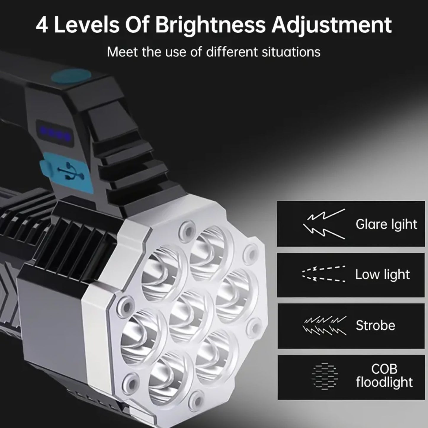 Portable Flashlight Torch Cob 7led Hand Light Usb Rechargeable Light With Side Light (1 Pc)
