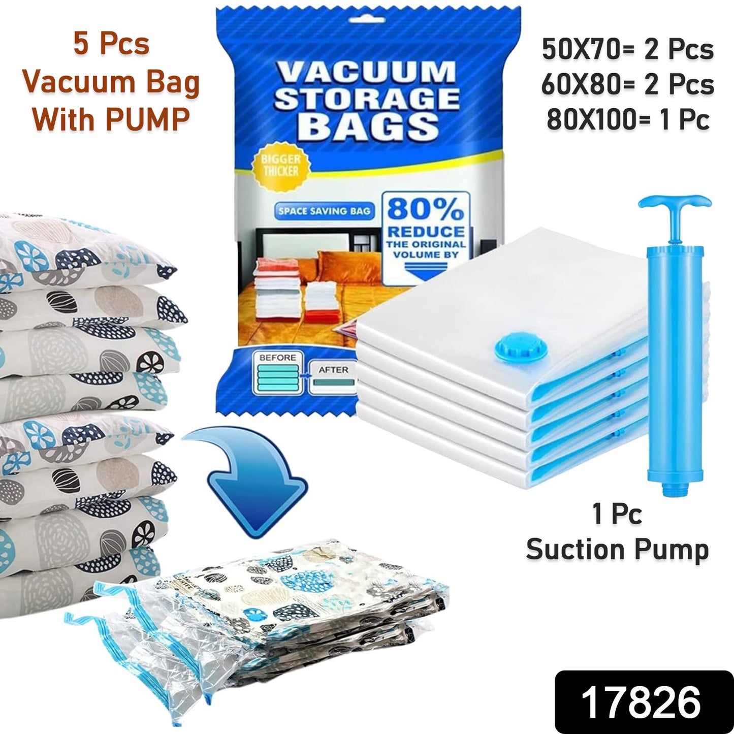 Vacuum Storage Bags With Suction Pump Shirt Clips - Vacuum Bags - Big Capacity Vacuum Seal Bags For Travel Clothes Blankets Pillows Compression Bags Space Saver Vacuum Storage Bags (5 Pcs Set)
