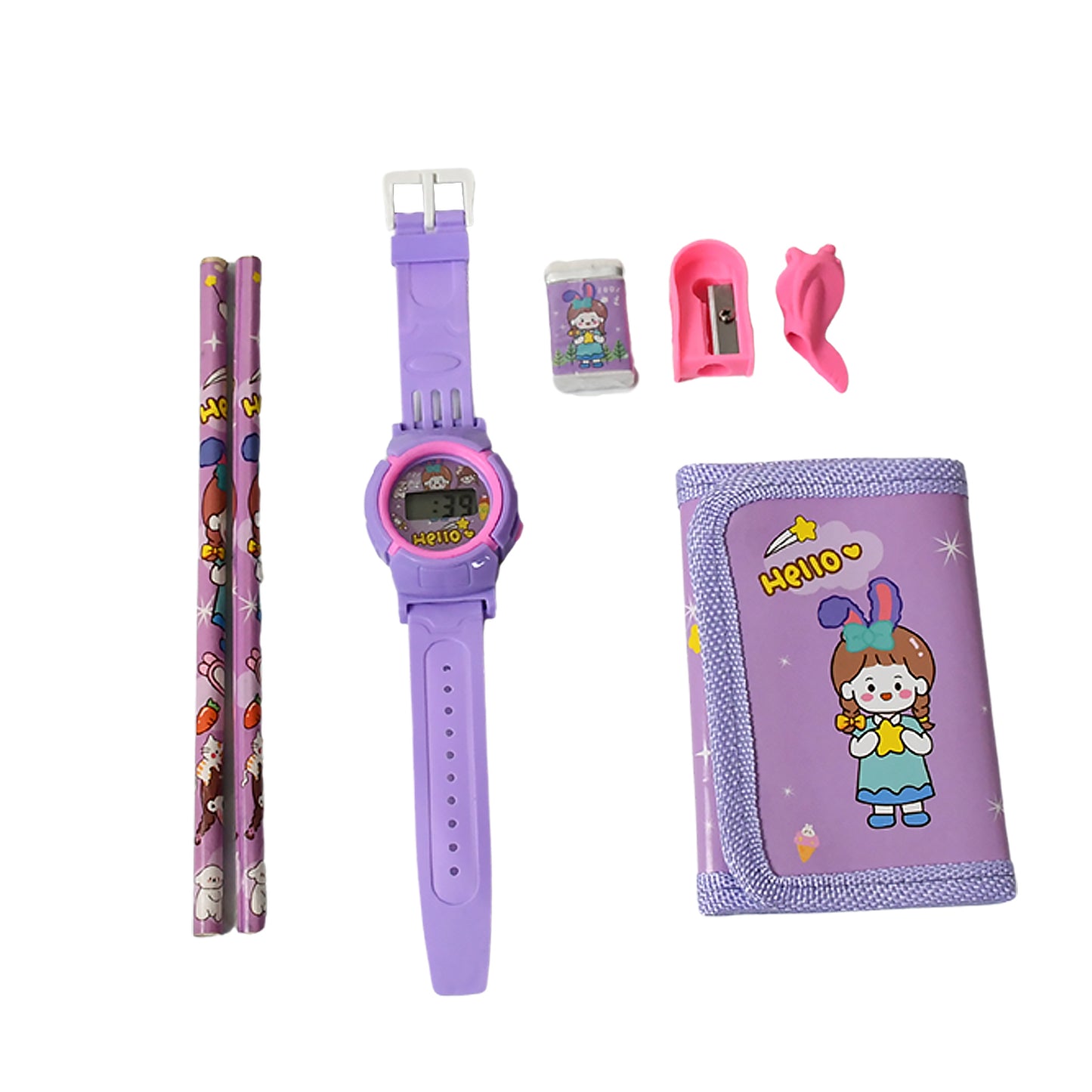 Stationery Set For Girls And Boys Kids Return Gift - 7 In 1 School Items For Kids-pencils Eraser Sharpener Pouch Pencil Extender Birthday Gift Idea Stationary Kit Set For School Kids (Pack Of 7 Pcs Set)