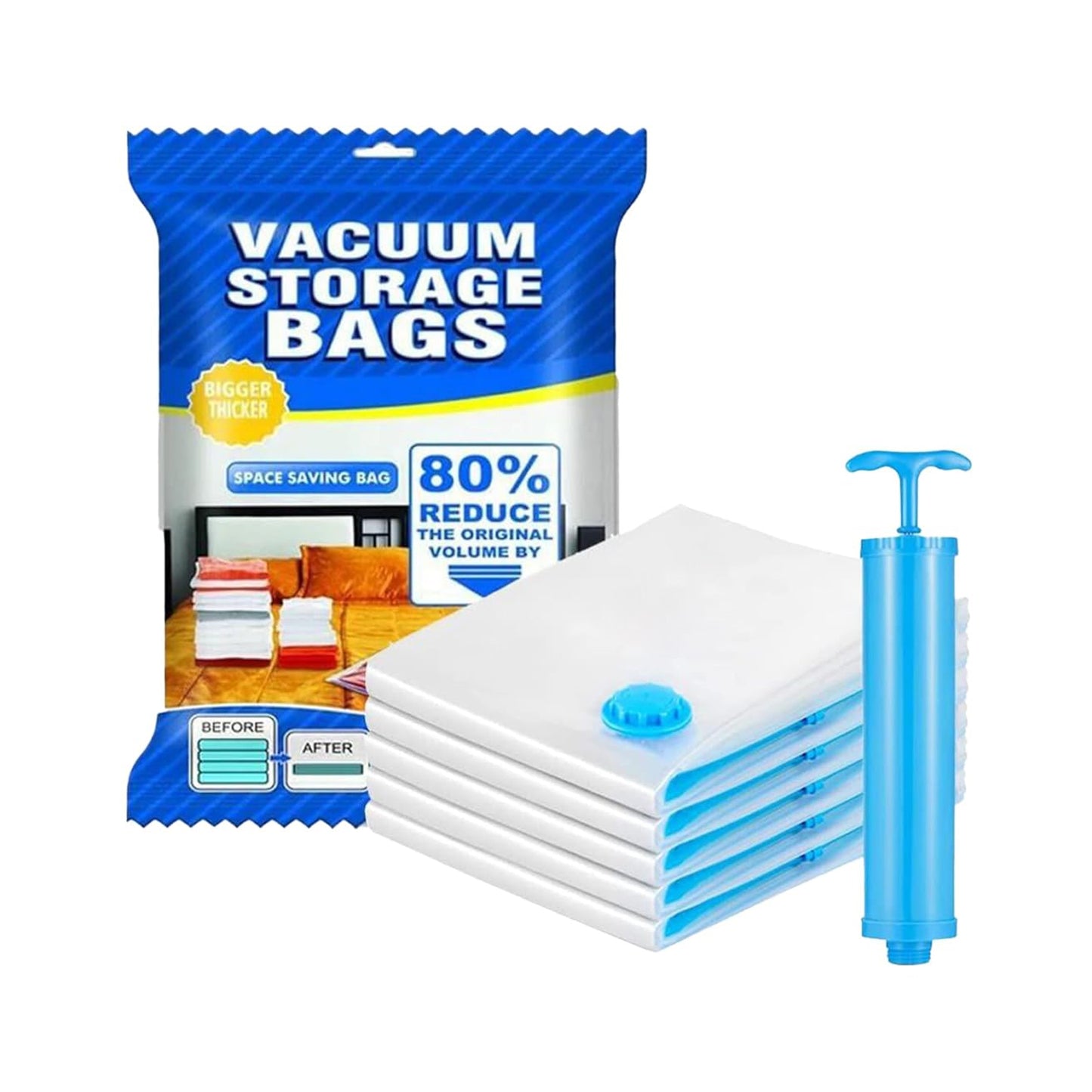 Vacuum Storage Bags With Suction Pump Shirt Clips - Vacuum Bags - Big Capacity Vacuum Seal Bags For Travel Clothes Blankets Pillows Compression Bags Space Saver Vacuum Storage Bags (5 Pcs Set)
