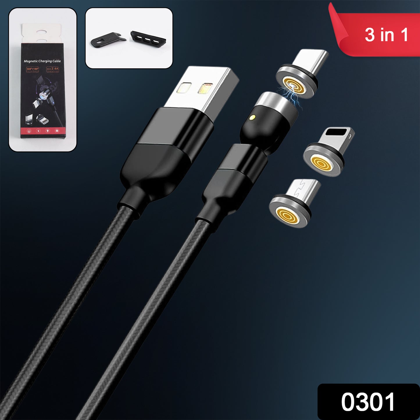 3 In 1 Magnetic Usb Charging Cable Usb-c Android And Lightning With Extra Protecting Nylon Strong Magnetic Cable With Full Rotation Support Fast Charging