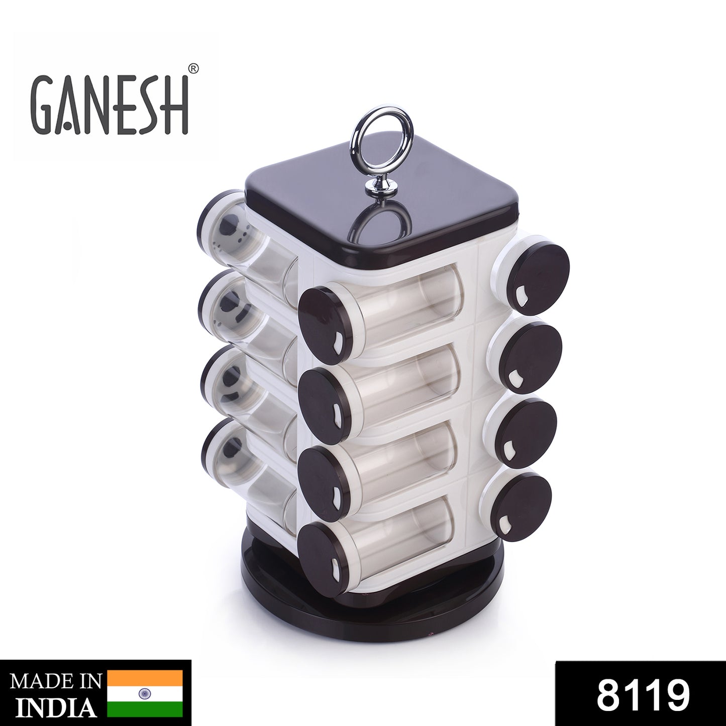 8119 Ganesh Multipurpose Revolving Spice Rack With 16 Pcs Dispenser Each 100 Ml Plastic Spice Abs Material 1 Piece Spice Set 1 Piece Spice Set (Plastic)