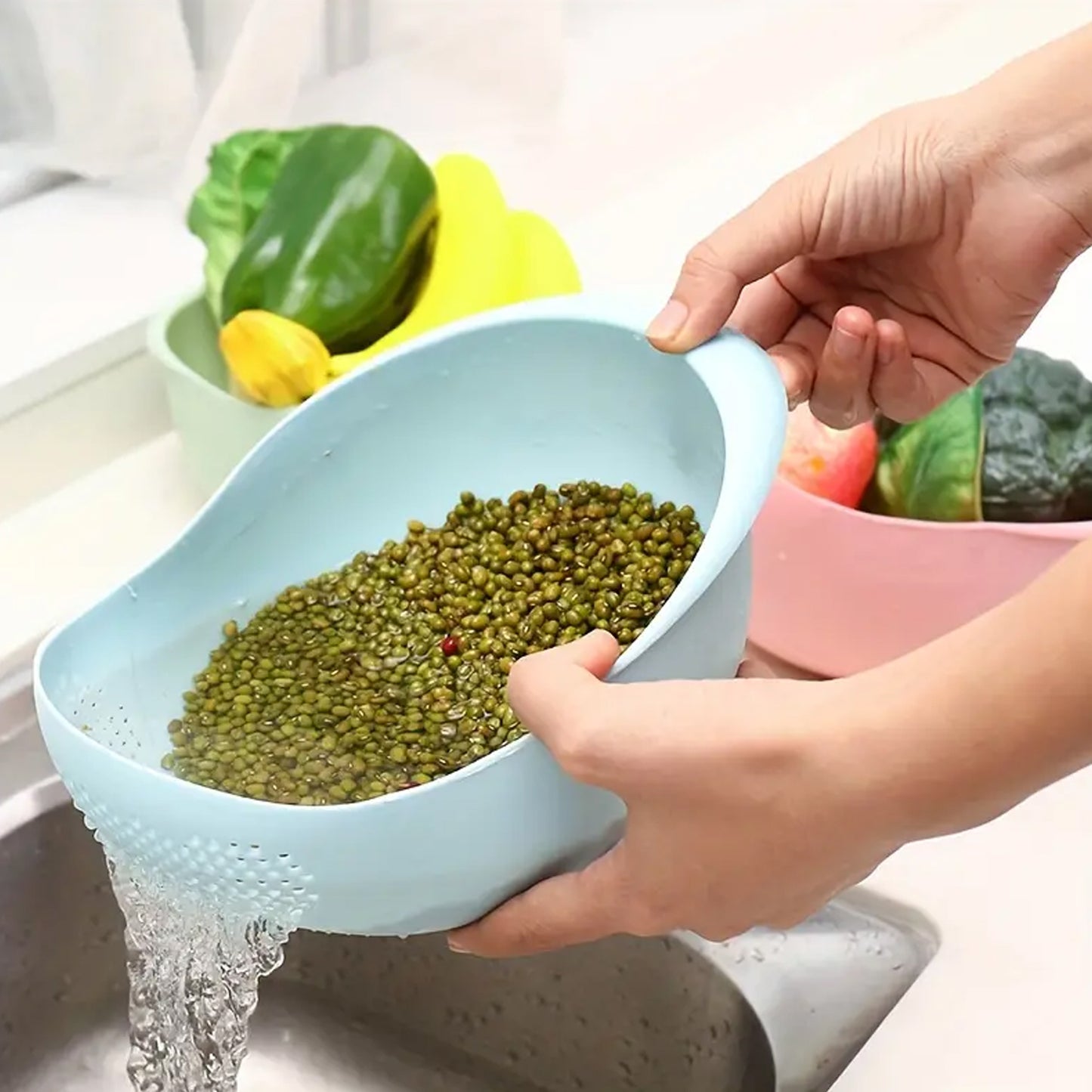 Plastic Rice Bowl Food Strainer Thick Drain Basket For Rice Vegetable Fruit Strainer Colander Fruit Basket Pasta Strainer Washing Bowl (1 Pc )