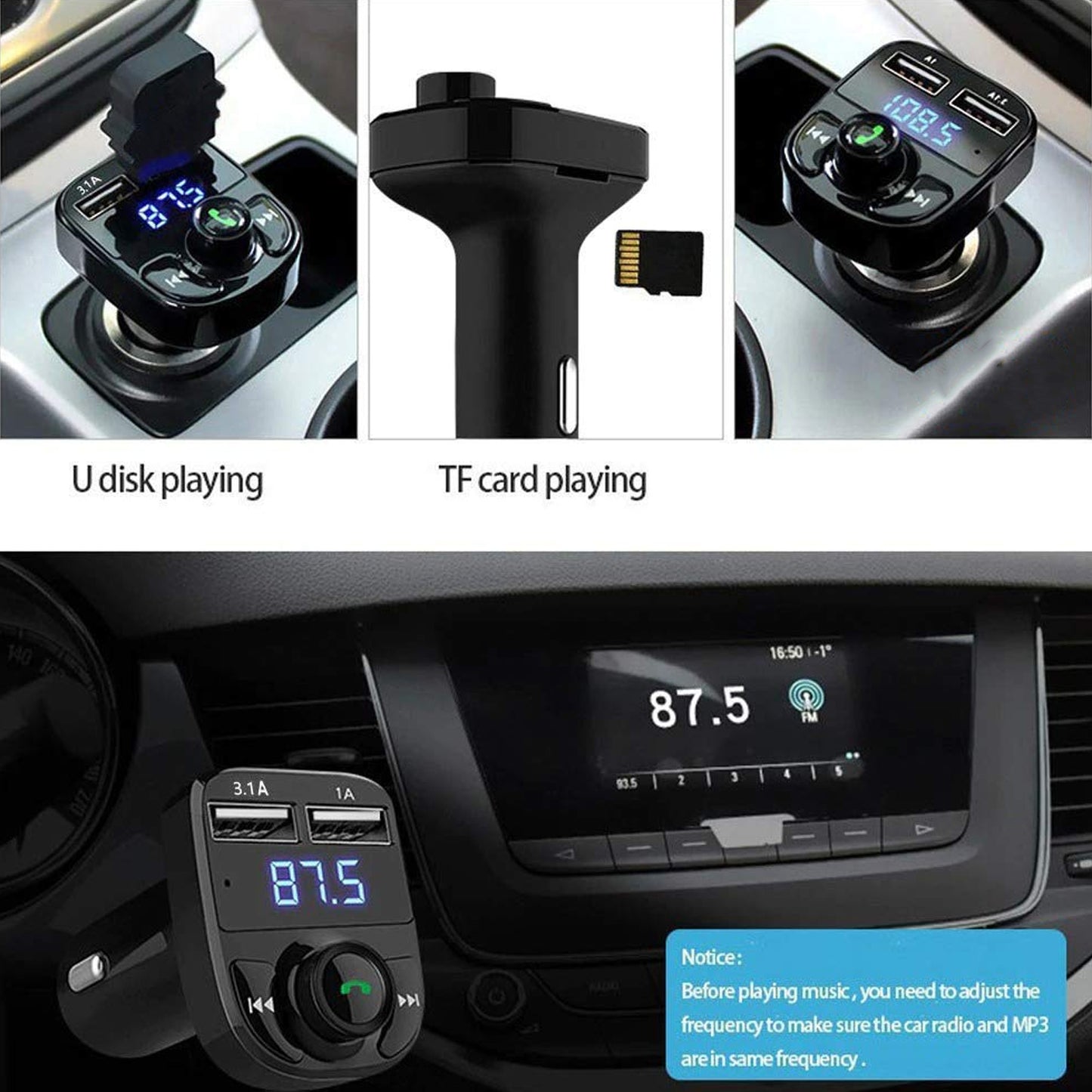 Car-x8 Bluetooth Fm Transmitter Kit For Hands-free Call Receiver Music Player Call Receiver Fast Mobile Charger Ports For All Smartphoneswith 3.1a Quick Charge Dual Usb Car Charger