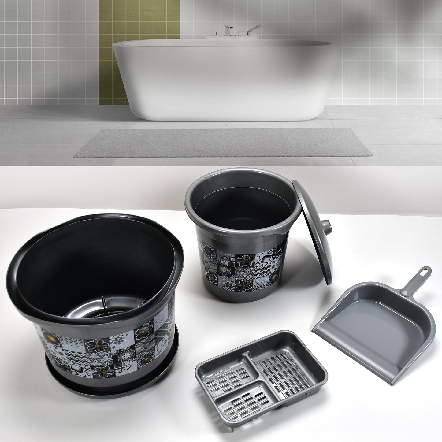 Large Capacity Plastic Bathroom Set Of 7 pieces (1pc Big Tub 1pc Bucket 1pc Dustbin 1pc Mug 1pc Soap Case 1pc Dustpan 1pc Stool)