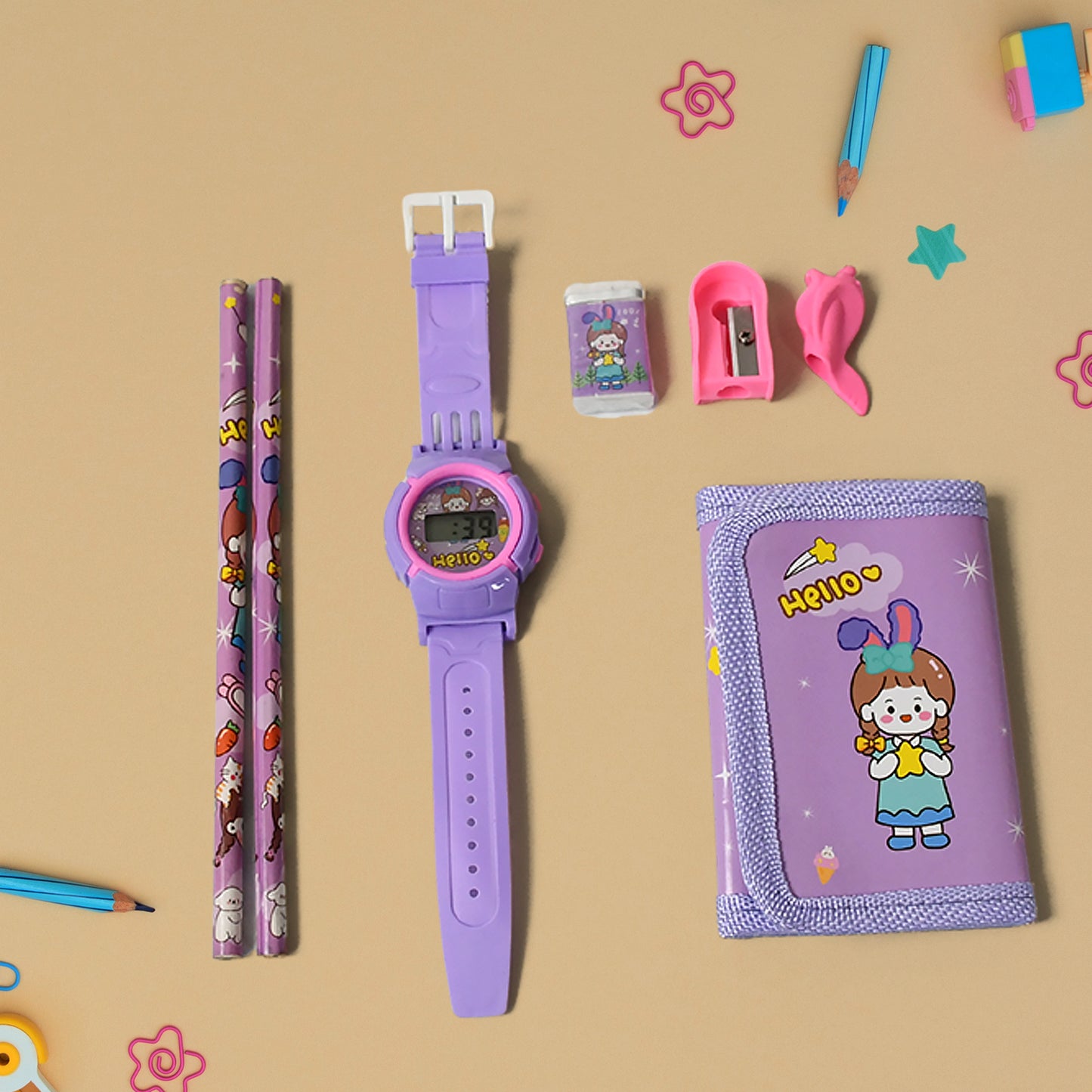 Stationery Set For Girls And Boys Kids Return Gift - 7 In 1 School Items For Kids-pencils Eraser Sharpener Pouch Pencil Extender Birthday Gift Idea Stationary Kit Set For School Kids (Pack Of 7 Pcs Set)
