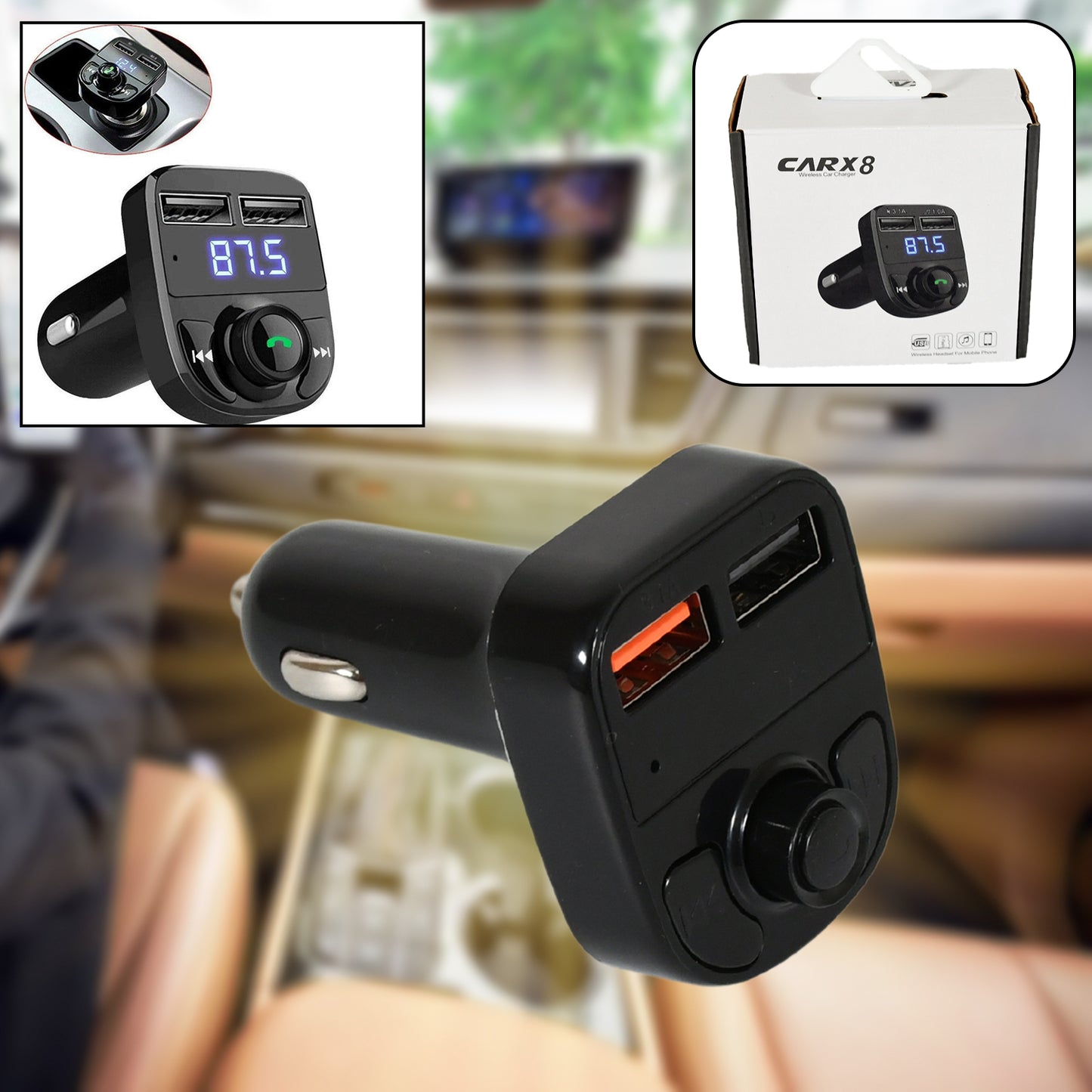 Car-x8 Bluetooth Fm Transmitter Kit For Hands-free Call Receiver Music Player Call Receiver Fast Mobile Charger Ports For All Smartphoneswith 3.1a Quick Charge Dual Usb Car Charger
