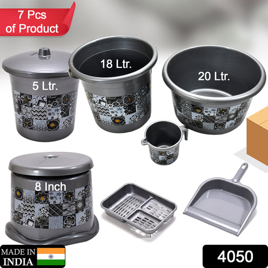 Large Capacity Plastic Bathroom Set Of 7 pieces (1pc Big Tub 1pc Bucket 1pc Dustbin 1pc Mug 1pc Soap Case 1pc Dustpan 1pc Stool)