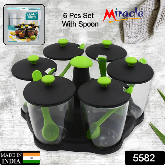 Multipurpose 6 Piece Miracle Revolving Plastic Spice Container Rack With 6 Spoon Condiment Set Masala Rack Set Revolving Spice Rack Aachar Container Chutney Mukhwas Tray Masala Dining Spice Stand