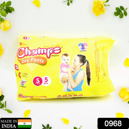 Small  Champs Dry Pants Style Diaper- Small Best For Travel  Absorption Champs Baby Diapers Champs Soft And Dry Baby Diaper Pants (S5 Pcs )