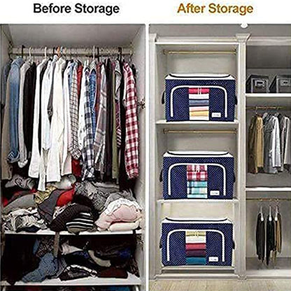 Foldable Steel Frame Clothes Living Storage Organizer Handled Bag Box For Large Size Bedding Blankets Women Saree Toys  Cloth Storage Box  Bag (66 Liter)