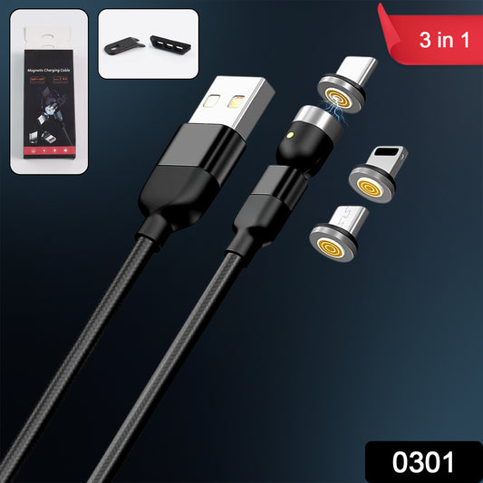 3 In 1 Magnetic Usb Charging Cable  Usb-c Android And Lightning With Extra Protecting Nylon Strong Magnetic Cable With Full Rotation Support Fast Charging