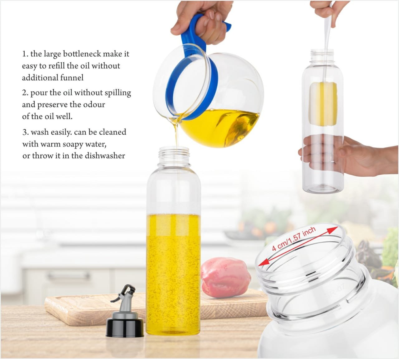 1ltr Oil Dispenser with Lid - Clear Drip Free Spout Controlled Use